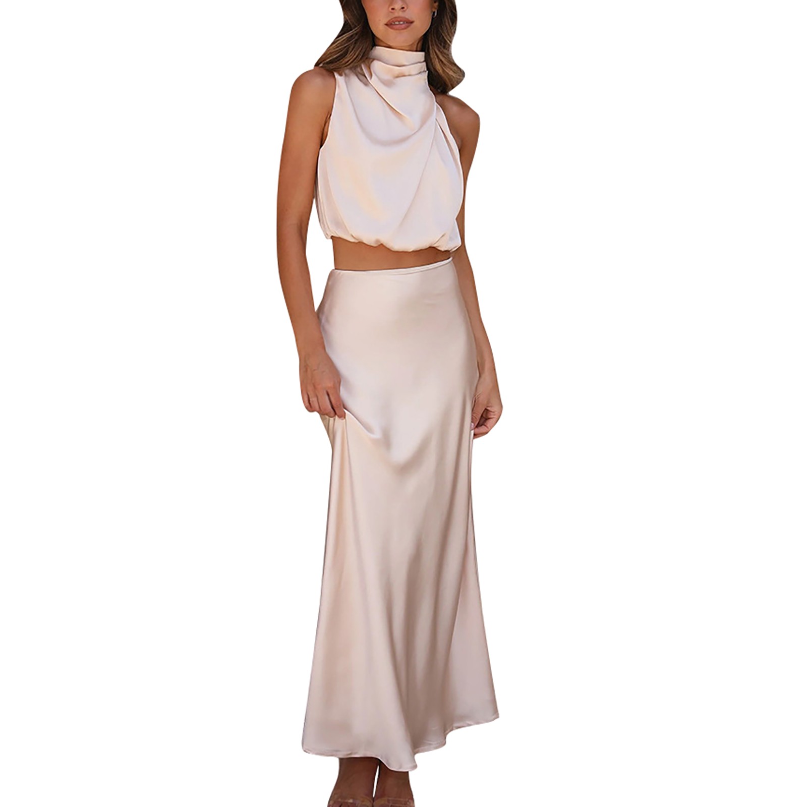 thumbnail image 2 of Conjunto de vestido largo de dos piezas de satén para mujer - Top sin mangas con cuello alto y falda con abertura lateral, ropa formal y casual para fiestas, 2 of 8